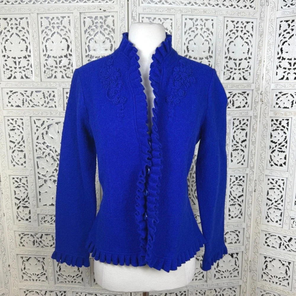 NEW For‎ Cynthia Blue Wool Blazer Cardigan Petite Medium Ruffle Preppy Career